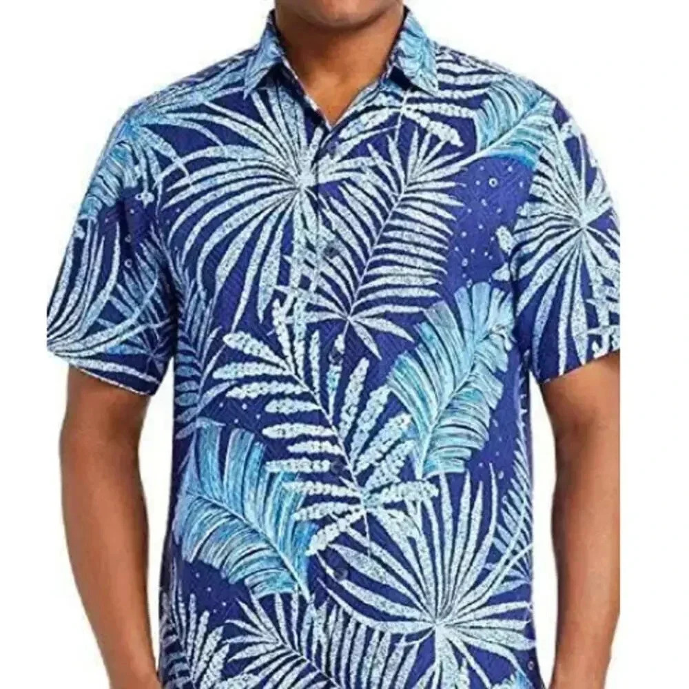 Tommy Bahama Blue Leaf Floral Button-Down Hawaiian Shirt Size XL